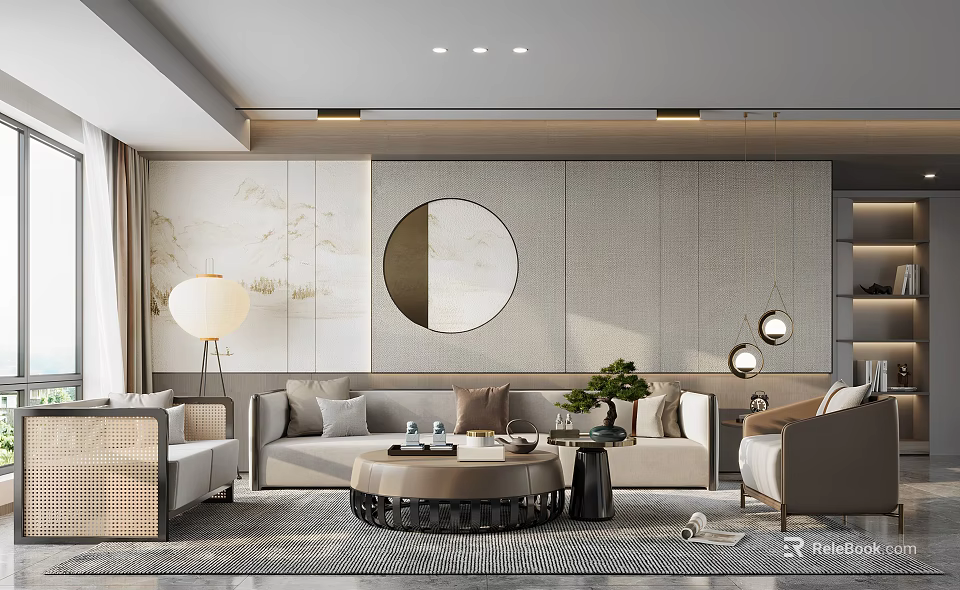 Elegant Modern Living Room Interior With Light Colored Sofa Round Mirror And Coffee Table 3d model