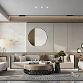 Elegant Modern Living Room Interior With Light Colored Sofa Round Mirror And Coffee Table 3d model