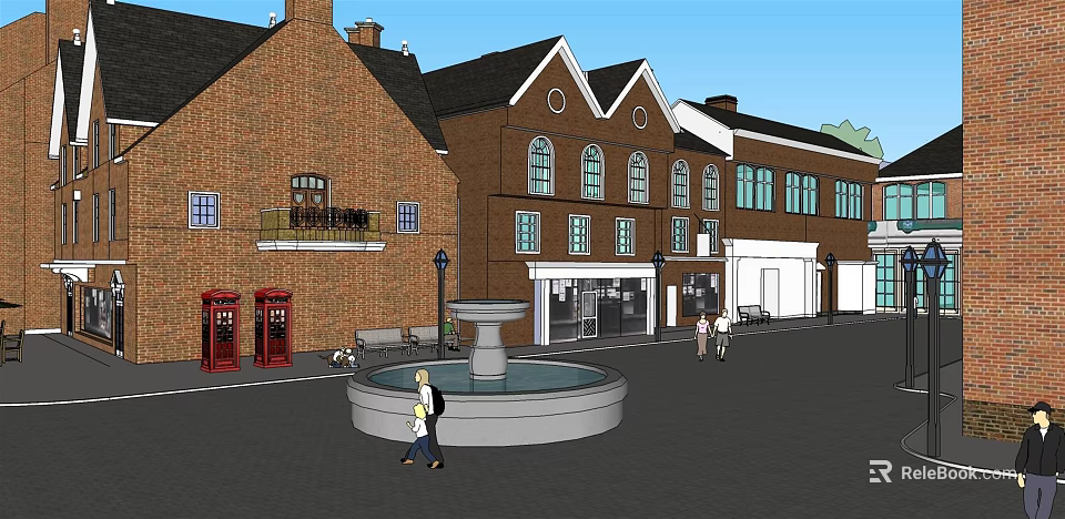Charming Commercial Street Featuring Red Brick Buildings Central Fountain and Pedestrians Walking 3d model 