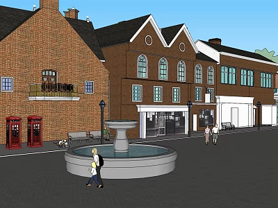 Charming Commercial Street Featuring Red Brick Buildings Central Fountain and Pedestrians Walking 3d model