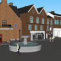 Charming Commercial Street Featuring Red Brick Buildings Central Fountain and Pedestrians Walking