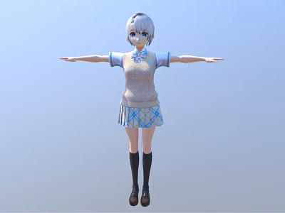 Anime 3D Character White Hair Knitted Sweater Blue White Plaid Skirt Black Stockings Arms Outstretched 3d model