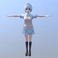 Anime 3D Character White Hair Knitted Sweater Blue White Plaid Skirt Black Stockings Arms Outstretched