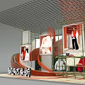 DP Installation With Green Framework Red Decorative Lines And Model Clothing Display Setup