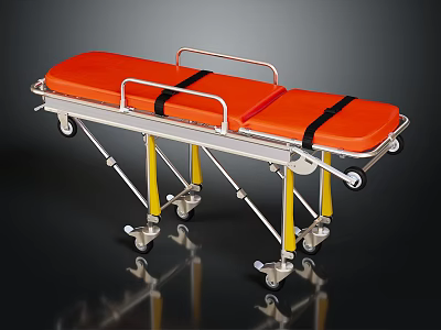 Orange Medical Stretcher With Metal Frame Black Straps Yellow Support Bars And Wheels 3d model