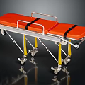 Orange Medical Stretcher With Metal Frame Black Straps Yellow Support Bars And Wheels