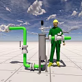 Worker In Green Work Uniform And Yellow Hard Hat With Industrial Commercial Equipment Pipeline Gauges Valves System