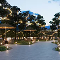 Restaurant Outdoor Dining Area With String Lights Trees And Umbrella Seating 3d model
