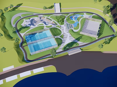 Scenic Park Landscape With Green Spaces Walking Trails And Water Features 3d model