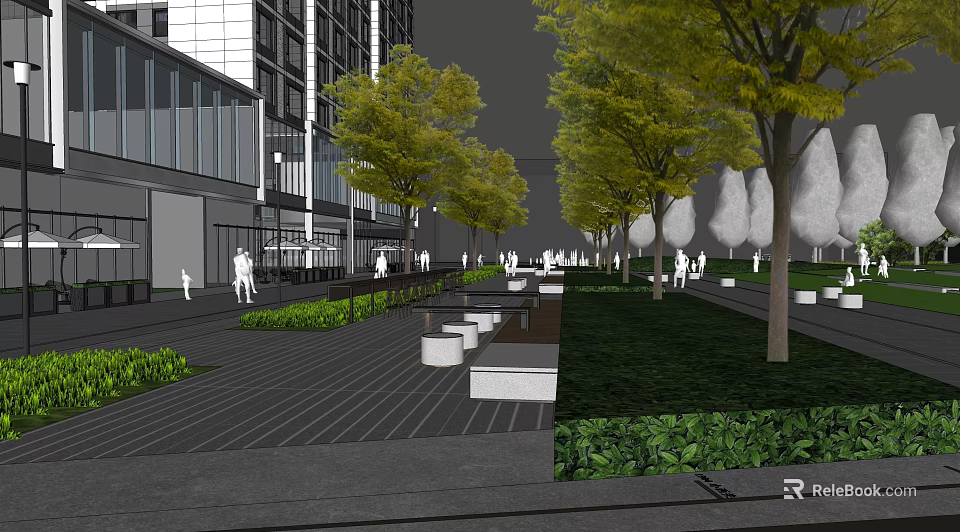 Modern Commercial Landscape With Trees Pedestrian Walkway Seating And Buildings 3d model 