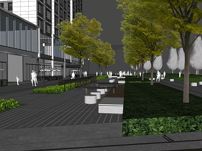 Modern Commercial Landscape With Trees Pedestrian Walkway Seating And Buildings 3d model