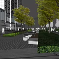 Modern Commercial Landscape With Trees Pedestrian Walkway Seating And Buildings