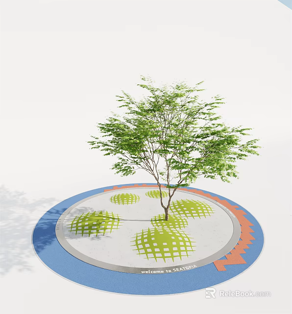 Circular Tree Pit with White Surface Green Grid and Blue Orange Edges Featuring a Tree 3d model