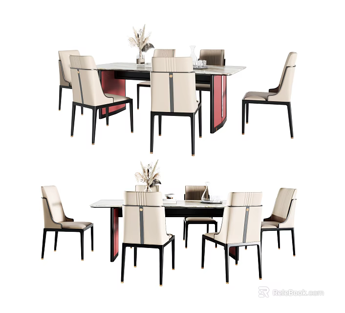 Modern Dining Table Set with Light Colored Backrest Chairs Black Legs and Smooth Surface 3d model