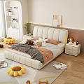 Cozy Modern Double Bed with Beige Leather Headboard Pink Pillows Stuffed Animals and Nightstand Lamp