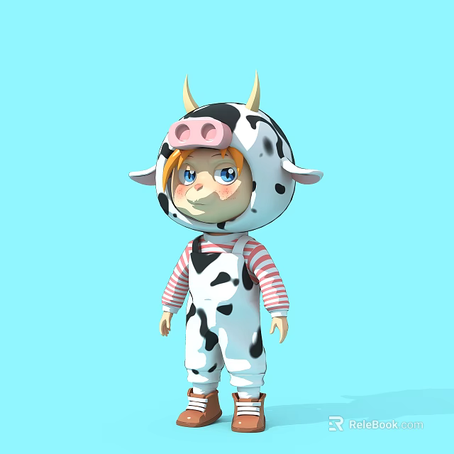 Cute Cartoon Character Sculpture Carving With Cow Costume Pink Hair And Blue Eyes 3d model 