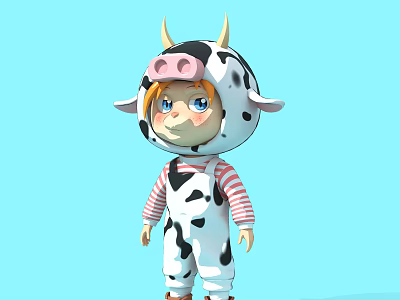 Cute Cartoon Character Sculpture Carving With Cow Costume Pink Hair And Blue Eyes 3d model