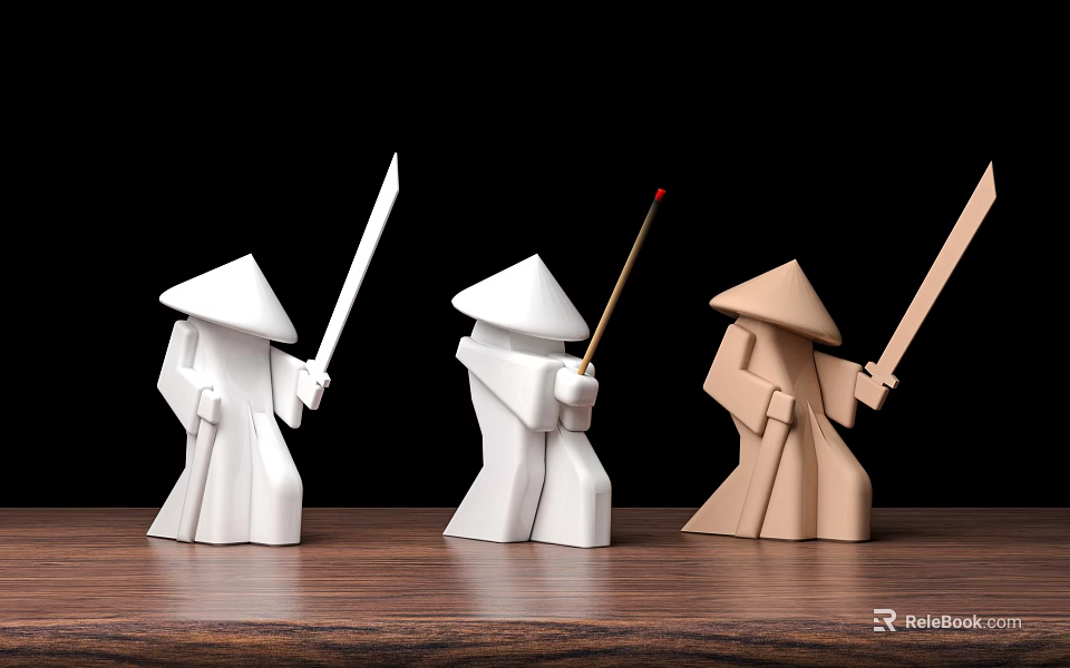 Ceramic Figurines Wearing Conical Hats Holding Swords Staff White Brown On Wooden Tabletop Black Background 3d model 