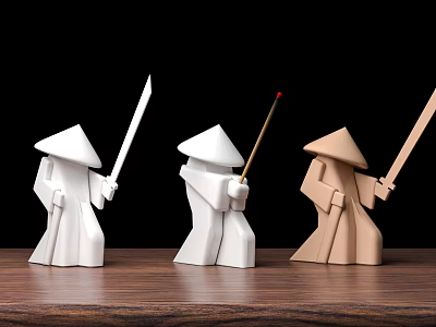 Ceramic Figurines Wearing Conical Hats Holding Swords Staff White Brown On Wooden Tabletop Black Background 3d model