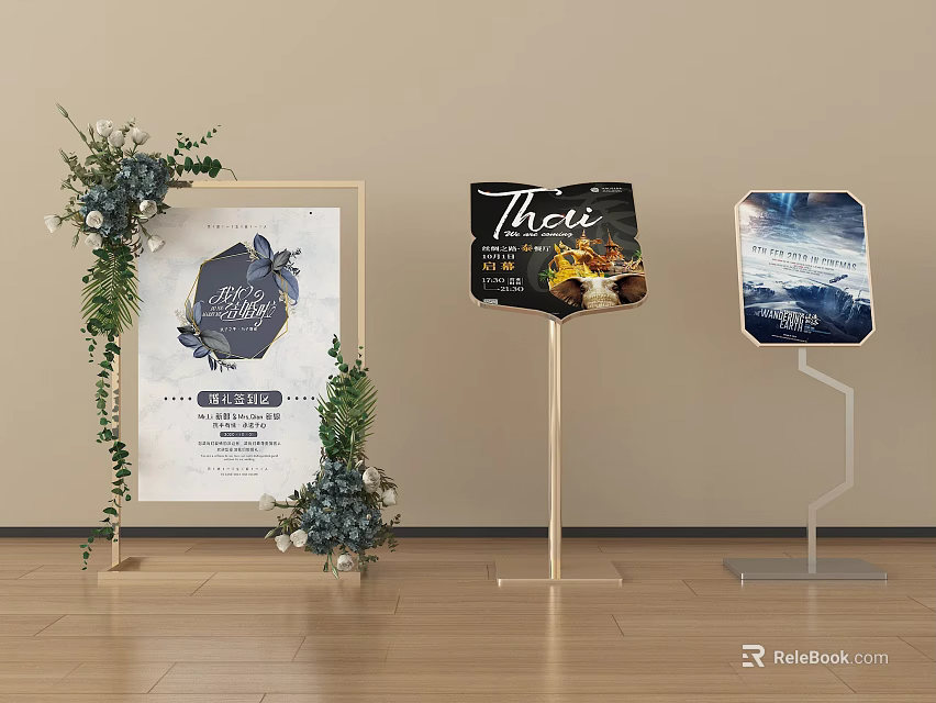 Decorative Display Stands With Greenery Flowers And Event Food Images In Square Hexagon Shapes 3d model 
