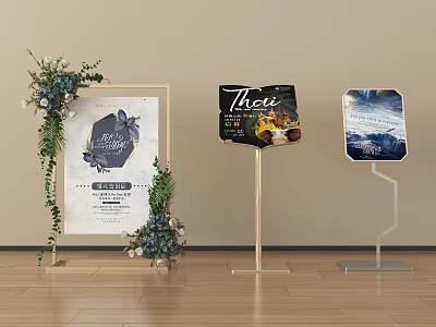 Decorative Display Stands With Greenery Flowers And Event Food Images In Square Hexagon Shapes 3d model
