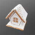 Cartoon Gingerbread House With White Frosting Roof And Snowflake Decorations On Wooden Base