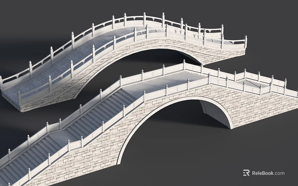 Scenic Landscape Bridge With Arched Design Stone Railings And Curved Steps 3d model 