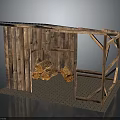 Wooden Storage Shed With Corrugated Roof And Logs Inside On Paved Ground