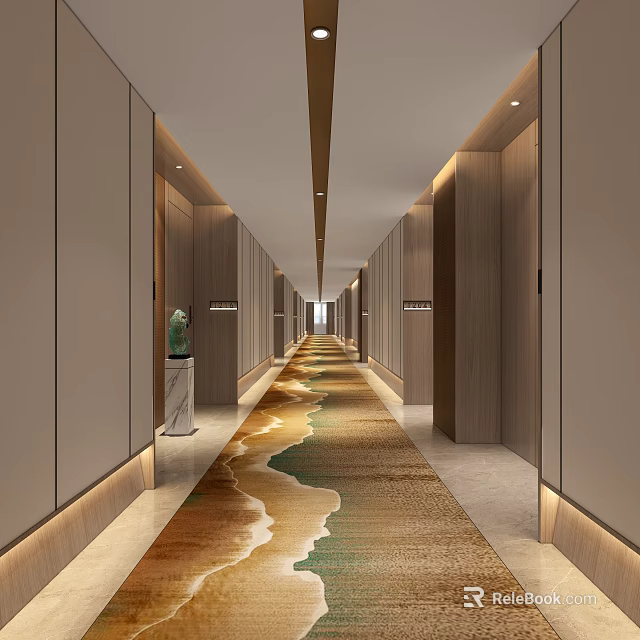 Modern Hotel Corridor Design With Artistic Carpet And Ambient Lighting 3d model 