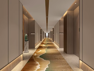 Modern Hotel Corridor Design With Artistic Carpet And Ambient Lighting 3d model