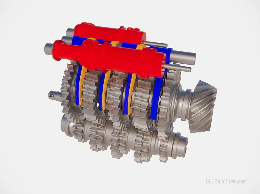 Mechanical Gear System With Red Blue Components And Silver Metal Structure 3d model