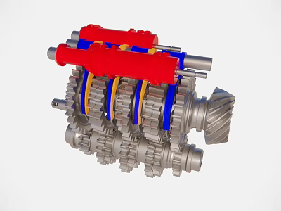 Mechanical Gear System With Red Blue Components And Silver Metal Structure 3d model