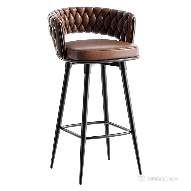 Modern Bar Stool With Brown Leather Seat And Braided Backrest Black Metal Frame 3d model 