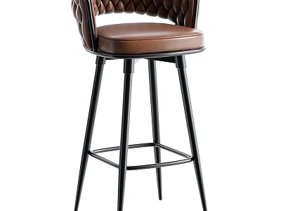 Modern Bar Stool With Brown Leather Seat And Braided Backrest Black Metal Frame 3d model