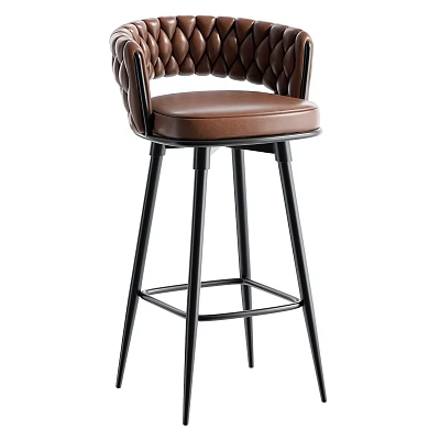 Modern Bar Stool With Brown Leather Seat And Braided Backrest Black Metal Frame 3d model
