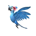 Blue Flying Parrot With Red Flower On Head And Spread Wings 3d model