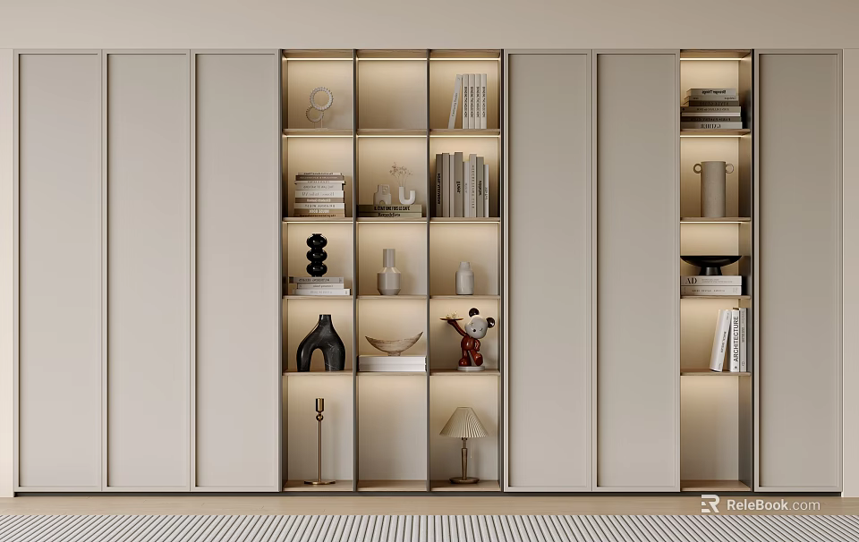 Modern Built in Bookcase with Lighting Books Decorative Items and Open Shelves 3d model 