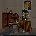 Yellow Floral Decorative Pillows on Vintage Wooden Chair with Floral Tablecloth Wine and White Orchid