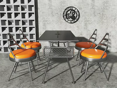 Modern Dining Table Set With Black Square Table Orange Padded Chairs And Metal Legs 3d model