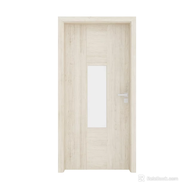 Modern Light Wood Hinged Door With Rectangular Glass Panel And Silver Handle 3d model