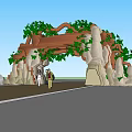 Scenic Entrance Gate Made of Tree Branches Rocks and Green Leaves with People Standing Nearby