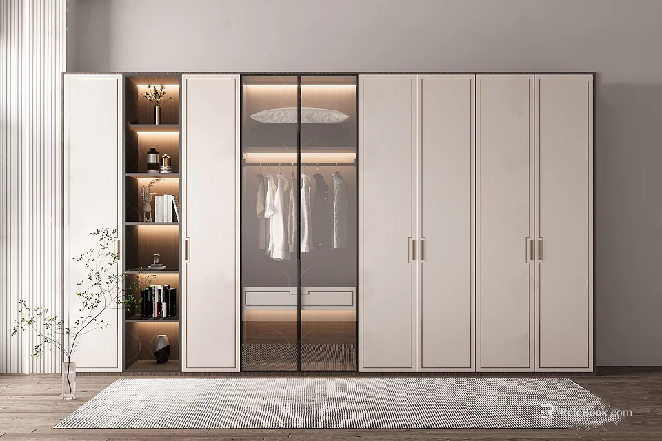 Modern Multiple Door Wardrobe With Glass Panel Hanging Area And Storage Shelves 3d model