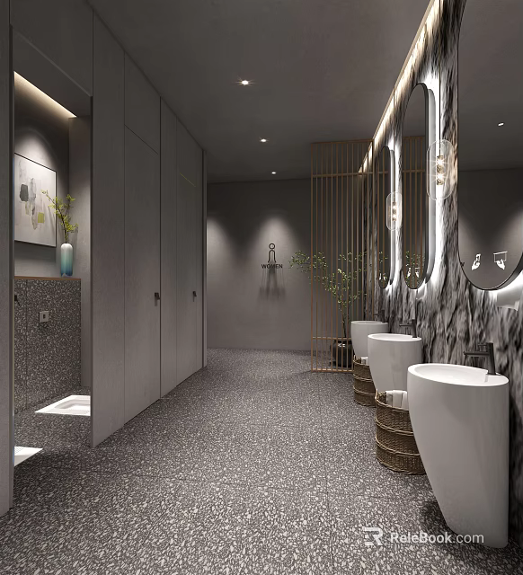 Modern Public Restroom Interior With Stalls Sinks Mirrors Terrazzo Flooring And Ambient Lighting 3d model 