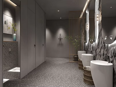Modern Public Restroom Interior With Stalls Sinks Mirrors Terrazzo Flooring And Ambient Lighting 3d model