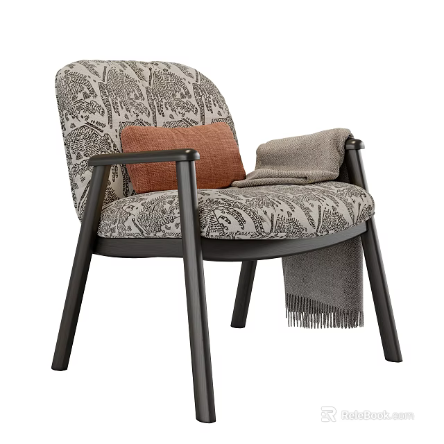 Patterned Accent Chair With Orange Cushion Gray Blanket Fringes And Black Legs 3d model 
