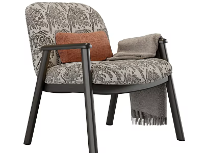 Patterned Accent Chair With Orange Cushion Gray Blanket Fringes And Black Legs 3d model