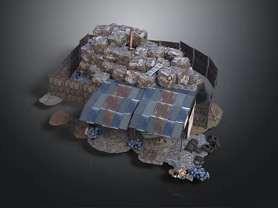 Rustic Scene Structure With Piled Stones Enclosed Walls And Metal Roof Shed 3d model