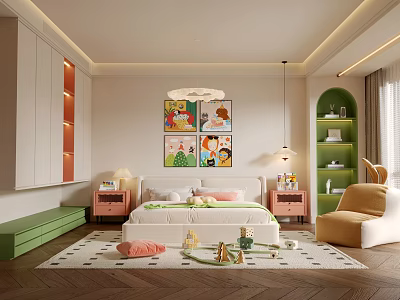 Kids Room Interior Design With Colorful Paintings Bedside Tables And Green Bench 3d model