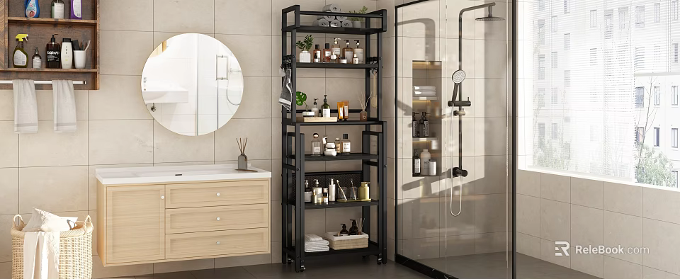 Modern Black Bathroom Shelf With Multi Tier Storage For Toiletries Plants And Towels 3d model 
