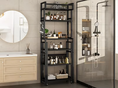 Modern Black Bathroom Shelf With Multi Tier Storage For Toiletries Plants And Towels 3d model